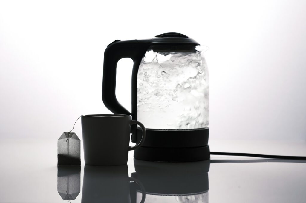 electric kettle, tea, boiling water, tea bag, mug, cup, teacup, boil, hot, glass, kitchen, tea cup, heater